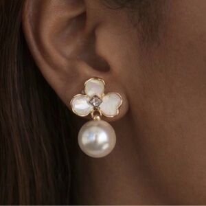 Gold Pearl Drop Flower Earrings - White Pearl
